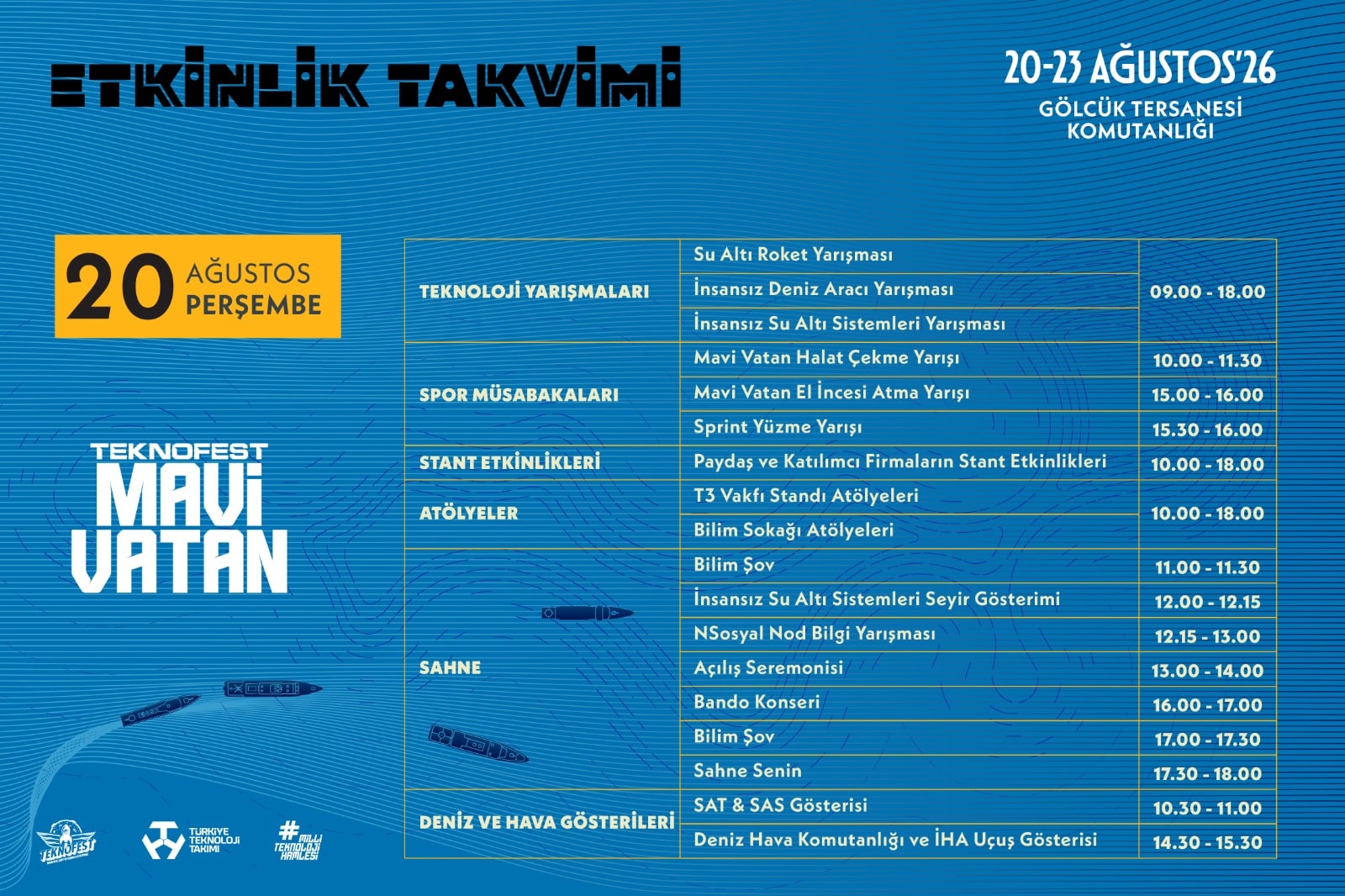 TEKNOFEST Mavi Vatan 20 Ağustos 2026 G&ouml;lc&uuml;k g&uuml;n programı