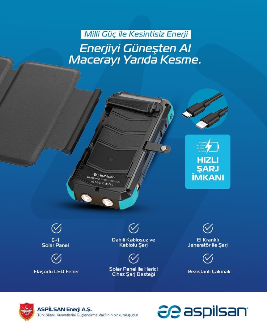 20 Amper Kapasite, Güneş Enerjisi Desteği, Kablosuz Şarj ve Acil Durum Fonksiyonları: Yeni ASPİLSAN Powerbank!
